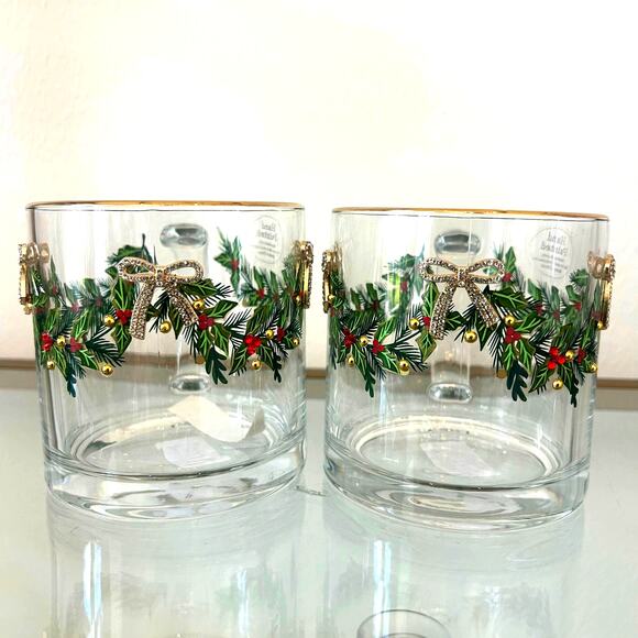 Hand Painted & Jeweled Thick Glass Mug Set of 2 Coquette Christmas Holly & Bows - Picture 8 of 16